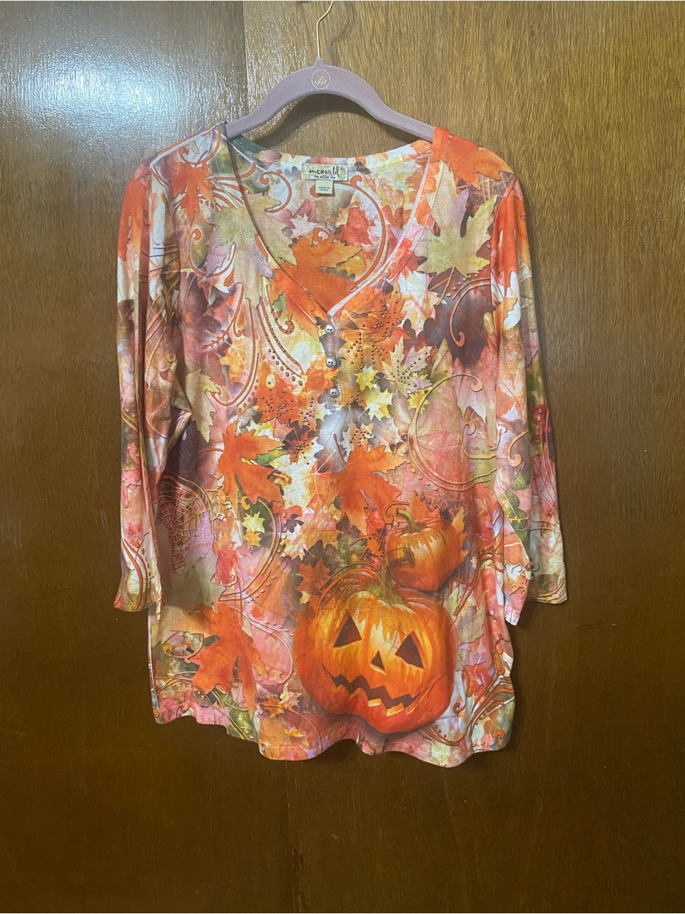 ONE WORLD Orange & Multicolor Halloween Pumpkin V-Neck Tunic